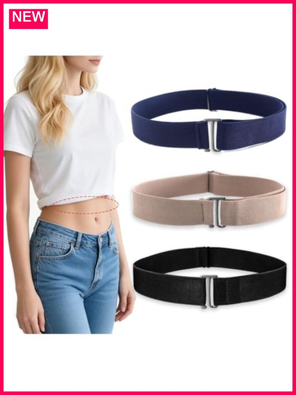 3 Pack Adjustable Elastic Stretch Belts Flat Buckle Invisible Waist Band